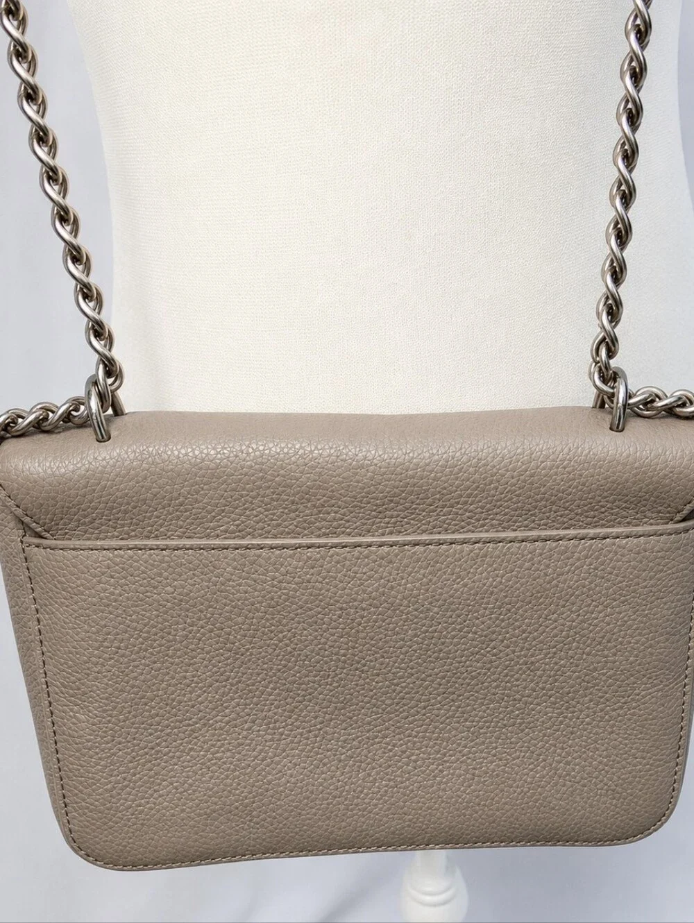 Tory Burch Taupe Pebbled Leather Flap Crossbody Shoulder Bag Silver Chain